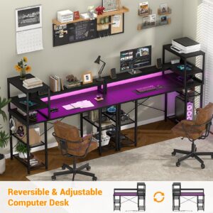 Cyclysio 55 inch Gaming Desk with LED Light, Reversibel Computer Desk with 7-Tier Storage Shelves, Home Office Desk with Power Outlets, Computer Gaming Desk with Monitor Stand for Small Space, Black