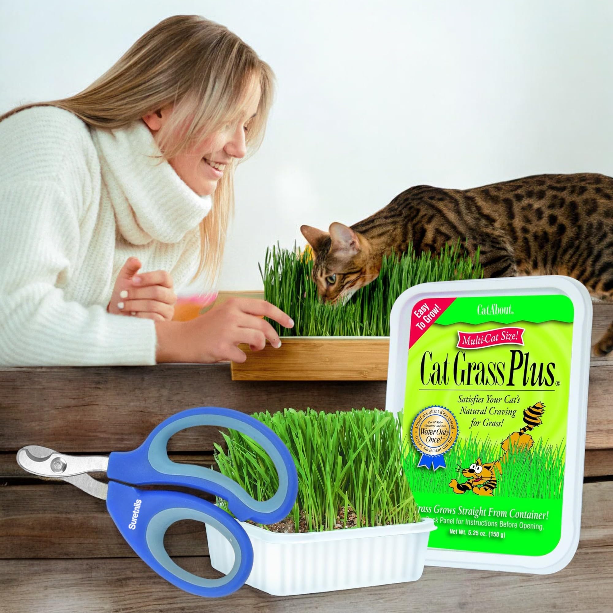 Cat Grass Plus Kit, 5.25 Oz | Bundled with Suretails Pet Nail Clipper - Grow Lush Greens Indoors, Complete with Seeds & Potting Mix, Promotes Digestion & Prevents Hairballs [Pack of 2]