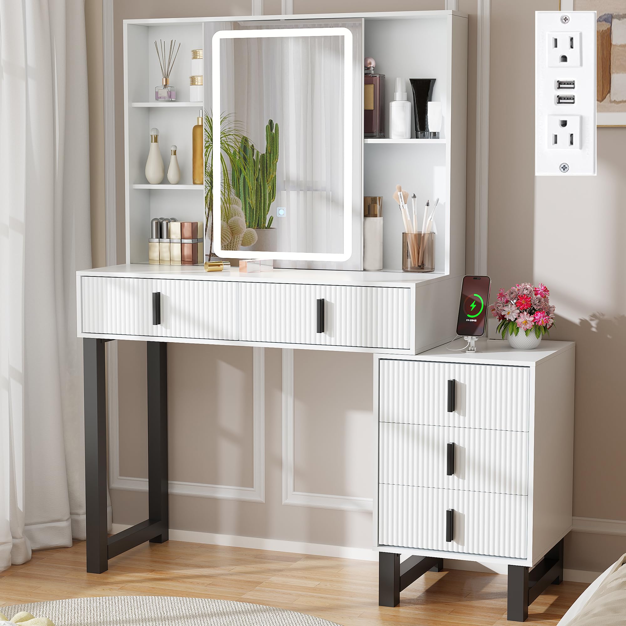 ANWBROAD Makeup Vanity Desk with Mirror and Lights White Vanity with Power Outlet Modern Dressing Table with 3 Lighting Modes Brightness Adjustable Sliding Mirror 5 Drawers Shelves Bedroom UBDT62W