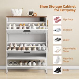 LYNCOHOME Shoe Storage Cabinet with 2 Flip Drawers and Feodorizing Function, Farmhouse Freestanding Shoe Organizer for Entryway/Hallway, Narrow Shoe Rack Cabinet with Steel Legs, White