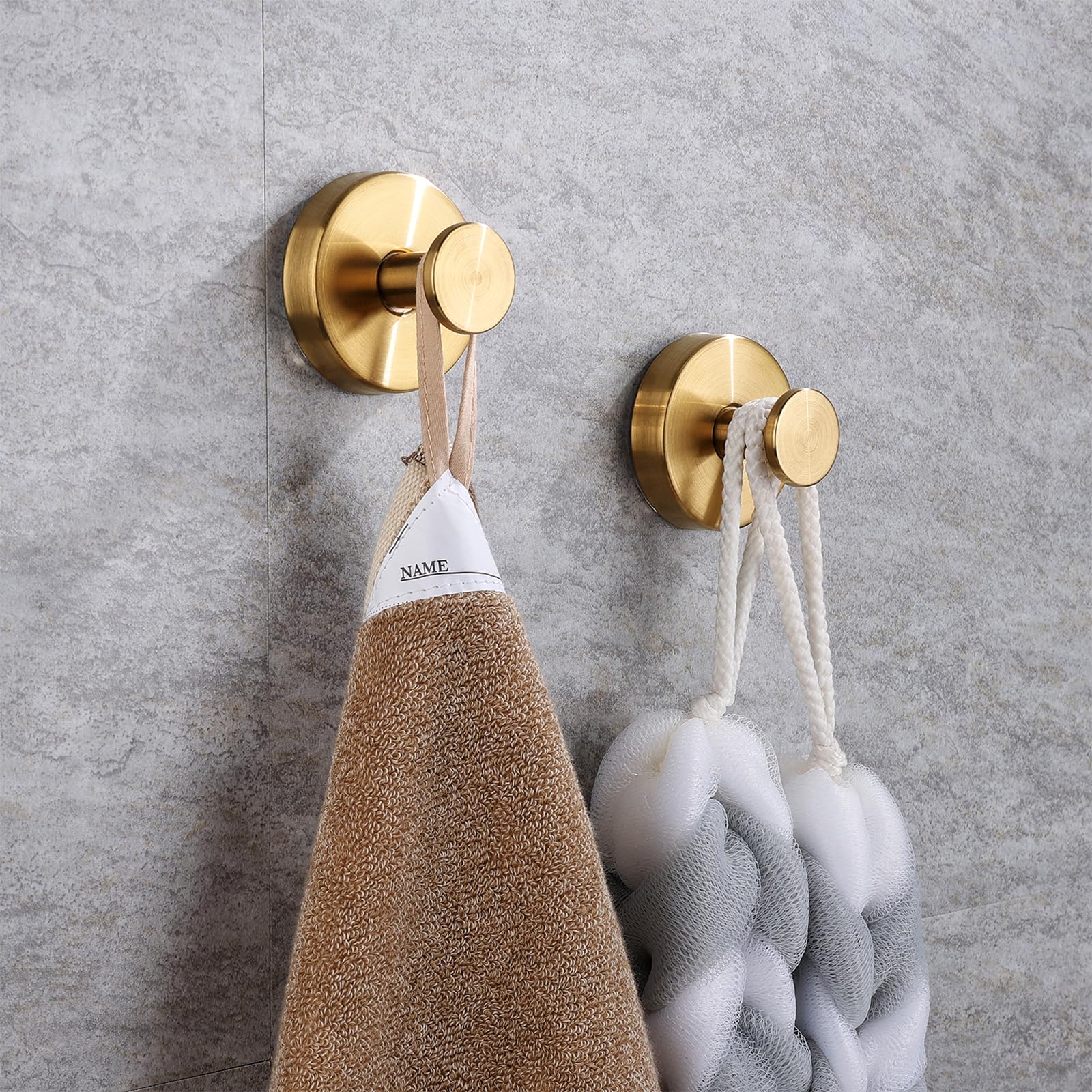 Neknock Suction Cup Hooks for Shower, Towel Hooks for Bathroom Kitchen Glass Mirror Tile, Stainless Steel Suction Hooks for Hanging Towel Coat Loofah Robe up to 15 lbs, 2 Pack (Gold)