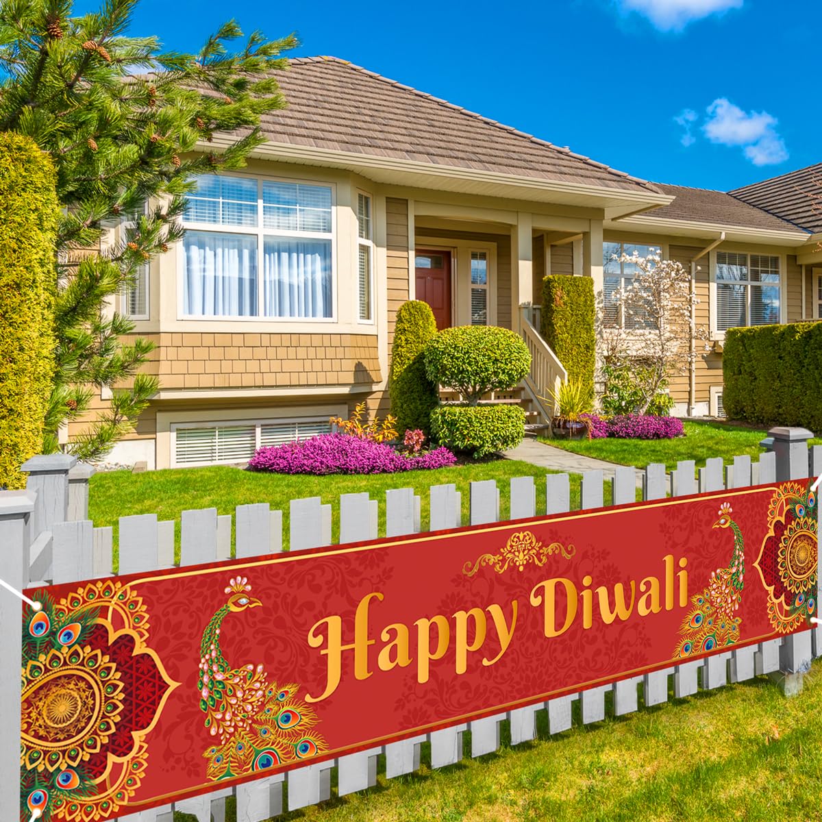 Diwali Peacock Decorations Outdoor Happy Diwali Banner for Fence Deepawali Indian Festival of Lights Decorations and Supplies for Home