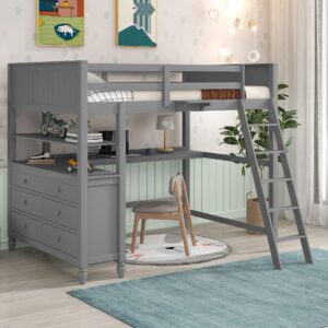 full size loft bed with desk and storage drawers, wood loft bed frame with shelves and ladder for kids adults boys girls teens, gray