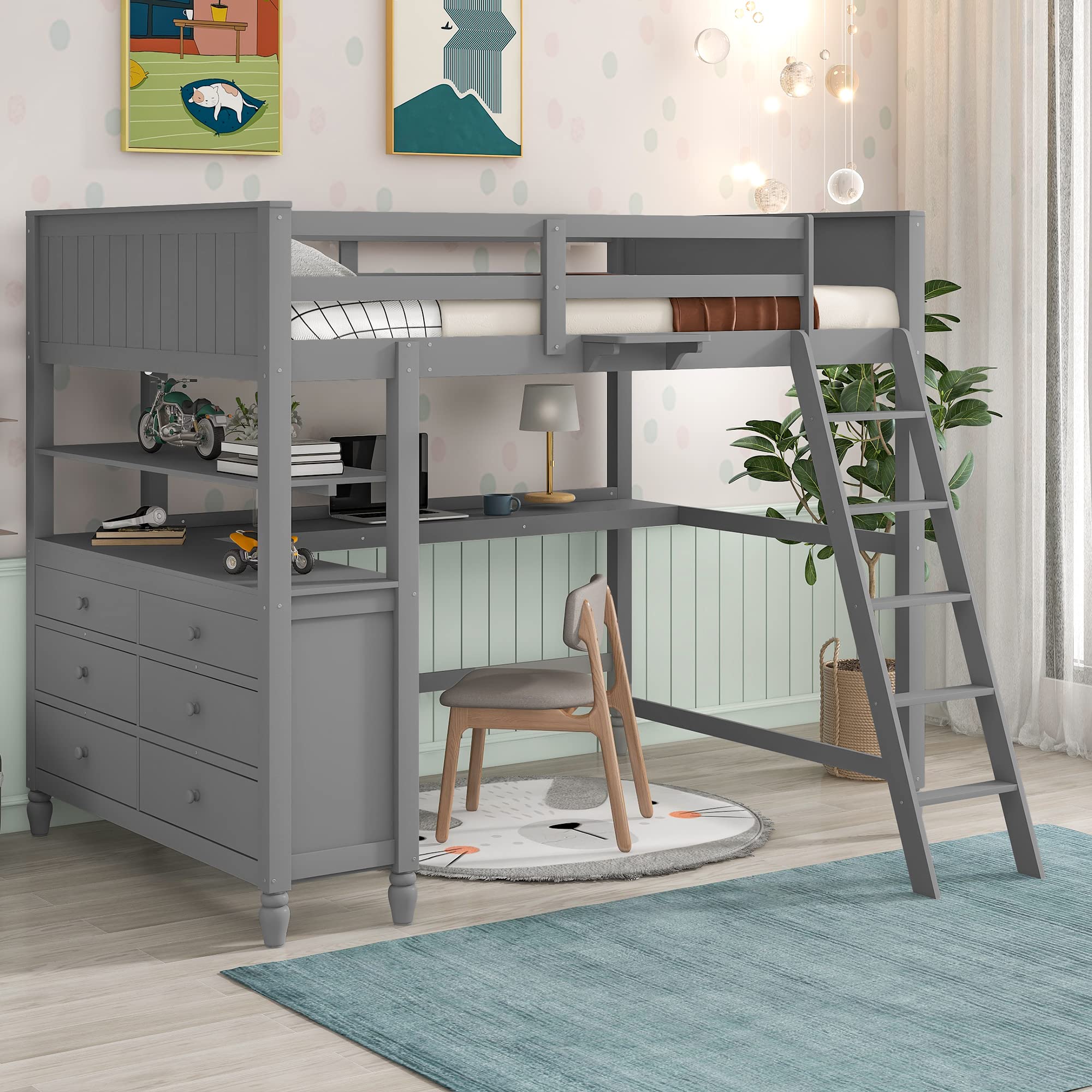 Full Size Loft Bed with Desk and Storage Drawers, Wood Loft Bed Frame with Shelves and Ladder for Kids Adults Boys Girls Teens, Gray