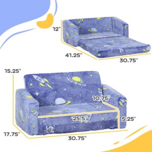 Qaba 2 in 1 Kids Sofa Chair, Toddler Couch with Glow in The Dark Cosmic Patten, Washable Cover, Fold Out Convertible Sofa to Lounger for Playroom Bedroom, Blue