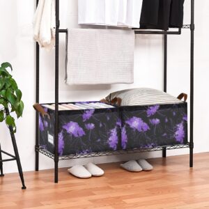 Foldable Storage Bins with Metal Frames Fabric Home Storage Baskets Containers Laundry Hampers Leaf Print(2pack,purple)