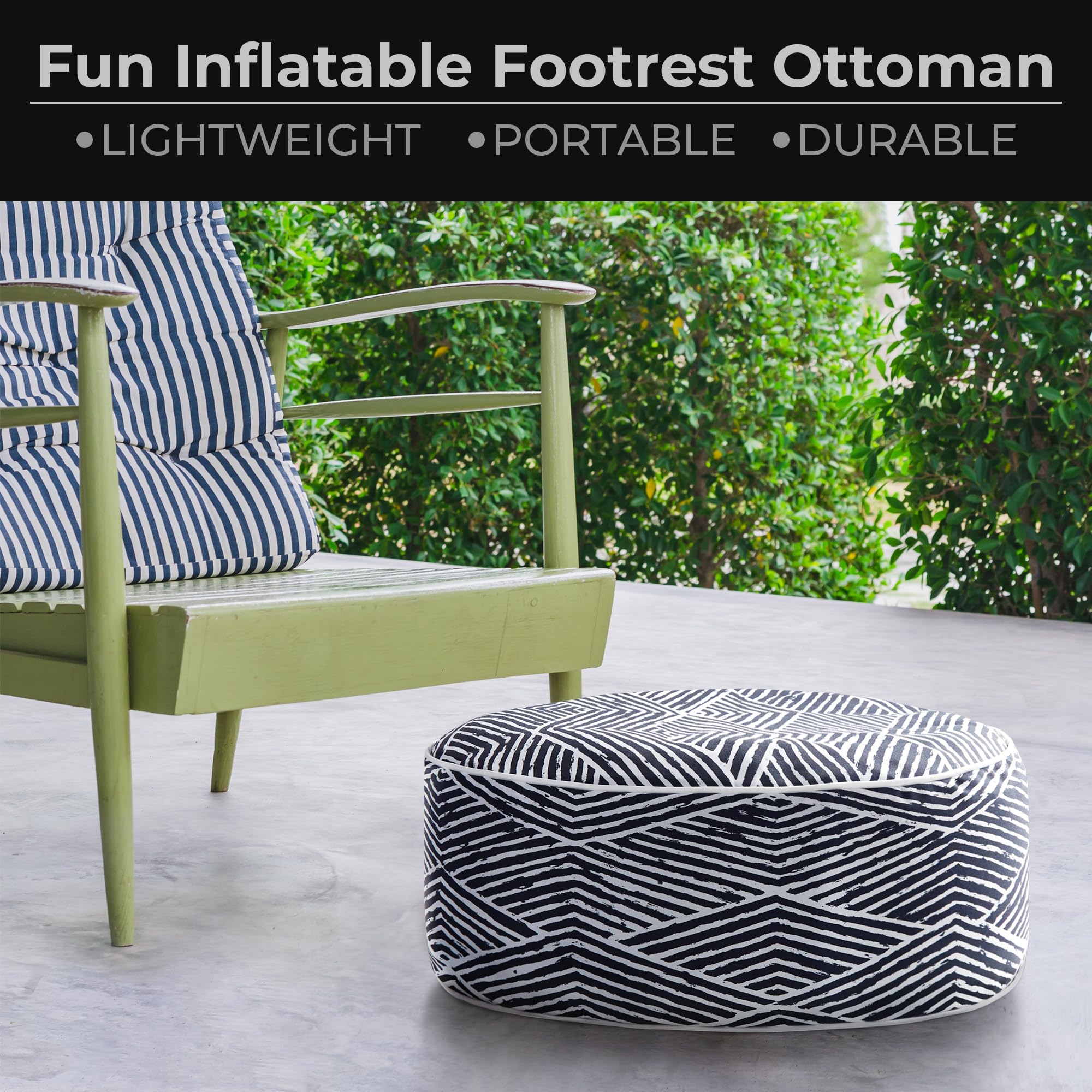 510 Design Inflatable Ottoman Stool Portable Round Pouf, Handle, Inflatable Foot Rest, Weatherproof & Water Repellent Indoor/Outdoor Ottomans for Patio Garden, Camping, Pool, D21 x 9" H, Black/White