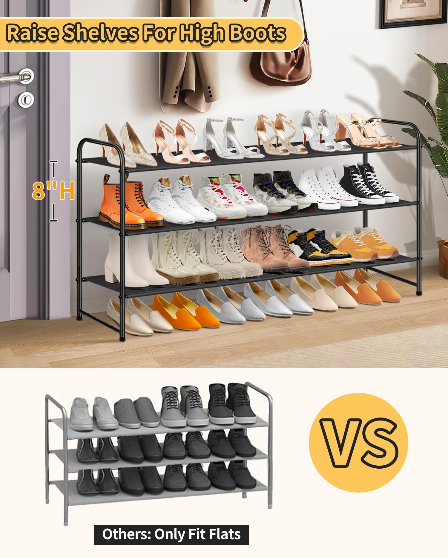 SLEEPING LAMB Long 3-Tier Shoe Organizer for Closet, Stackable Wide Shoe Rack Holds 24-Pairs Shoe Storage Shelf for Bedroom, Floor, Entryway (Black)