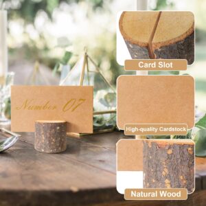 10 Pieces Rustic Wood Place Card Holders with 20 Kraft Tented Place Cards, Natural Log Table Number Stands Food Labels Dinner Decor for Weddings, Birthday, Thanksgiving Day, Christmas Party Supplies