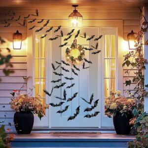 Halloween Decorations Bats Wall Stickers, 60 PCS Reusable 3D Black Halloween Bats Scary Stickers with Double-Sided Tape for Halloween Home Decor DIY Window Wall Indoor Outdoor Halloween Party Supplies