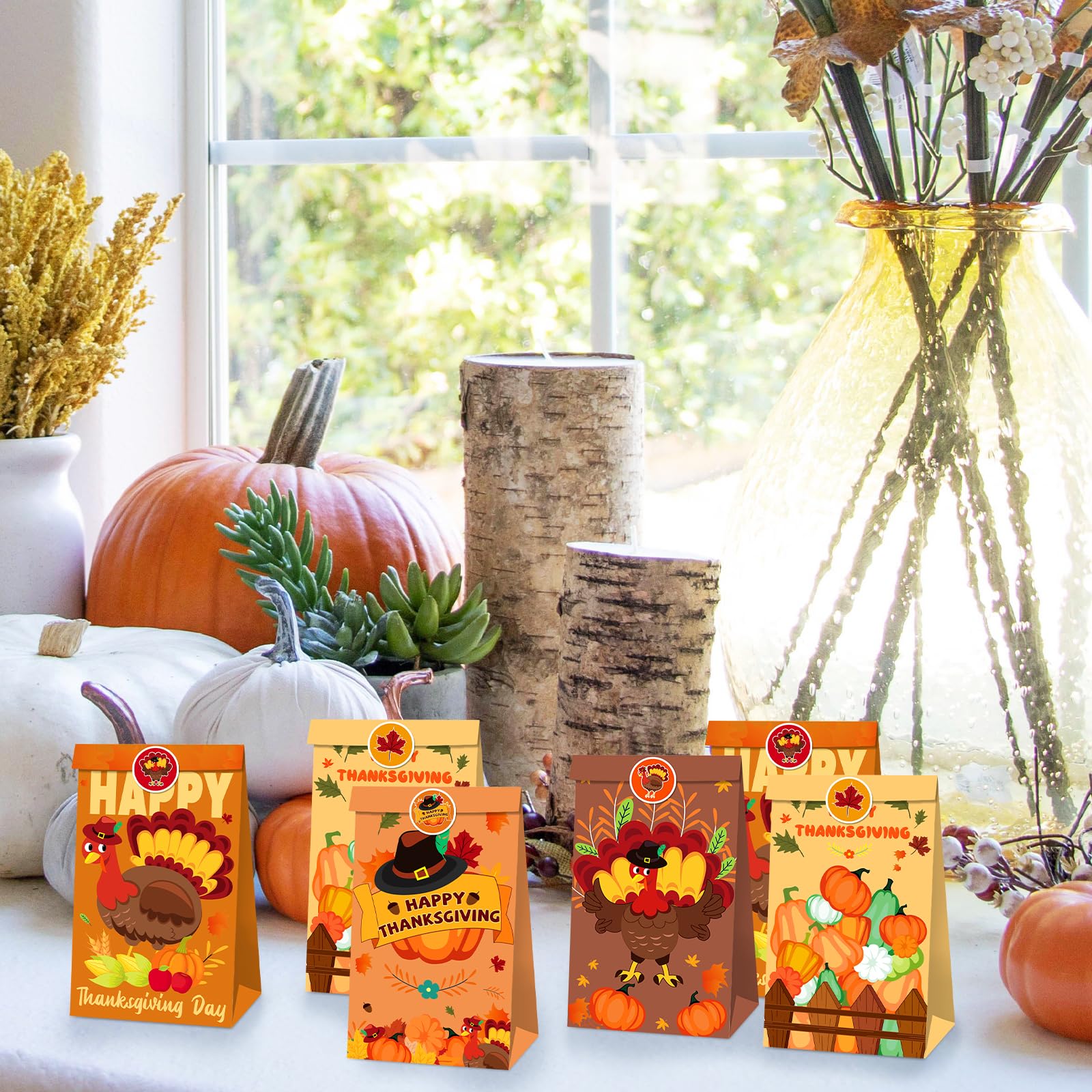 12 PCS Thanksgiving Gift Bags, Turkey Themed Paper Bags with 18 Stickers, Harvest Fall Goodie Bags Favors, Festive Pumpkin and Leaves Design, Treat Bags for Thanksgiving Day Autum Party Supplies