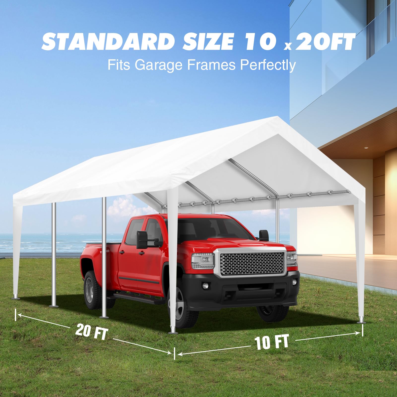 10x20FT Carport Canopy Replacement Cover Heavy Duty Waterproof & UV Protected, All Weather Car Shade Canopy with Ball Bungees (White, 10'x20')