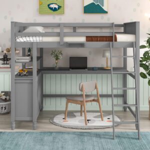 Full Size Loft Bed with Desk and Storage Drawers, Wood Loft Bed Frame with Shelves and Ladder for Kids Adults Boys Girls Teens, Gray