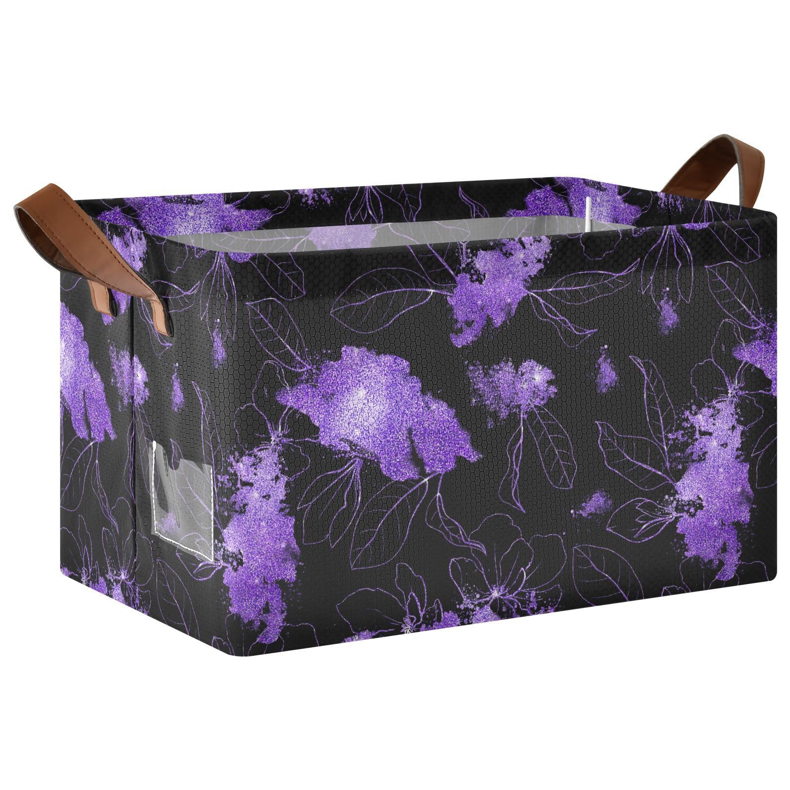 Foldable Storage Bins with Metal Frames Fabric Home Storage Baskets Containers Laundry Hampers Leaf Print(2pack,purple)