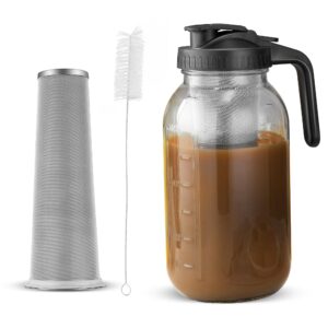 behidiruch cold brew coffee maker pitcher, 64 oz iced coffee maker with stainless steel filter and pour spout handle lid, wide mouth thick glass mason jar for iced coffee, lemonade, fruit drinks