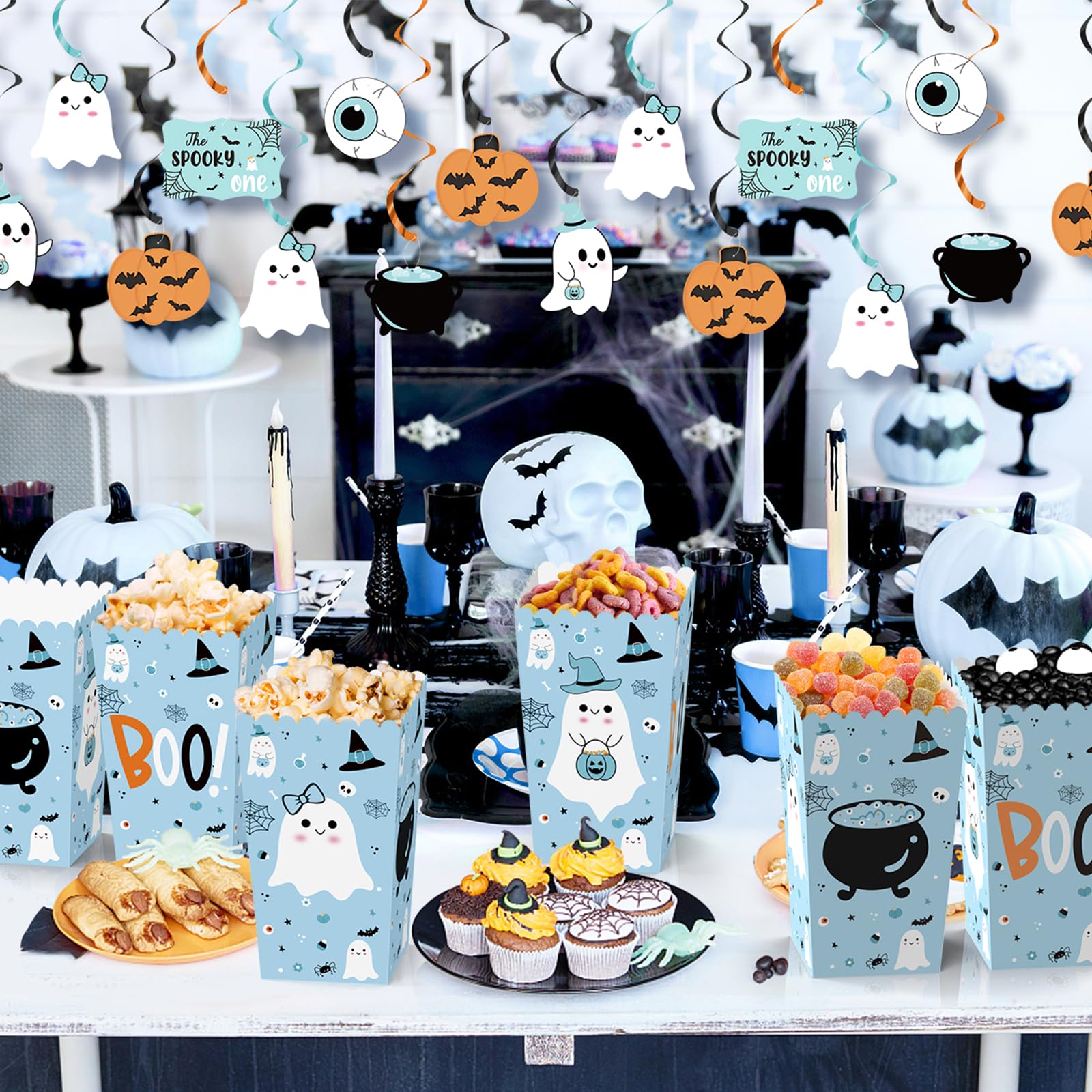 K KUMEED 24 PCS Blue Halloween Popcorn Favor Boxes,Halloween Party Supplies Cute Ghost Popcorn Bowls Popcorn Buckets Popcorn Bags,Boo Theme Candy Cookie Container for Kids