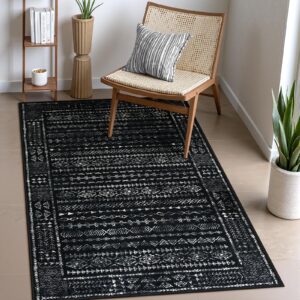 zealude boho washable 3x5 area rugs for kitchen floor, black and white rug modern indoor mats for entryway non slip, moroccan geometric carpet for entrance bathroom living laundry room (3 x 5,black)