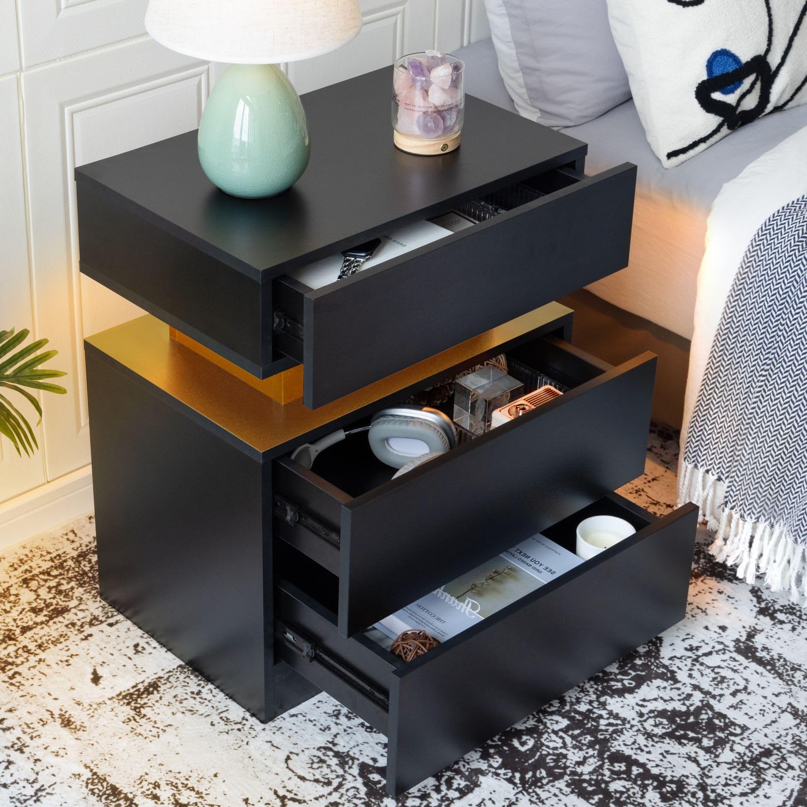 Bingoday LED Nightstand Black Modern Night Stand with 3 Drawers LED Bedside Tables for Bedroom End Tables with LED Strip Lights (Black)