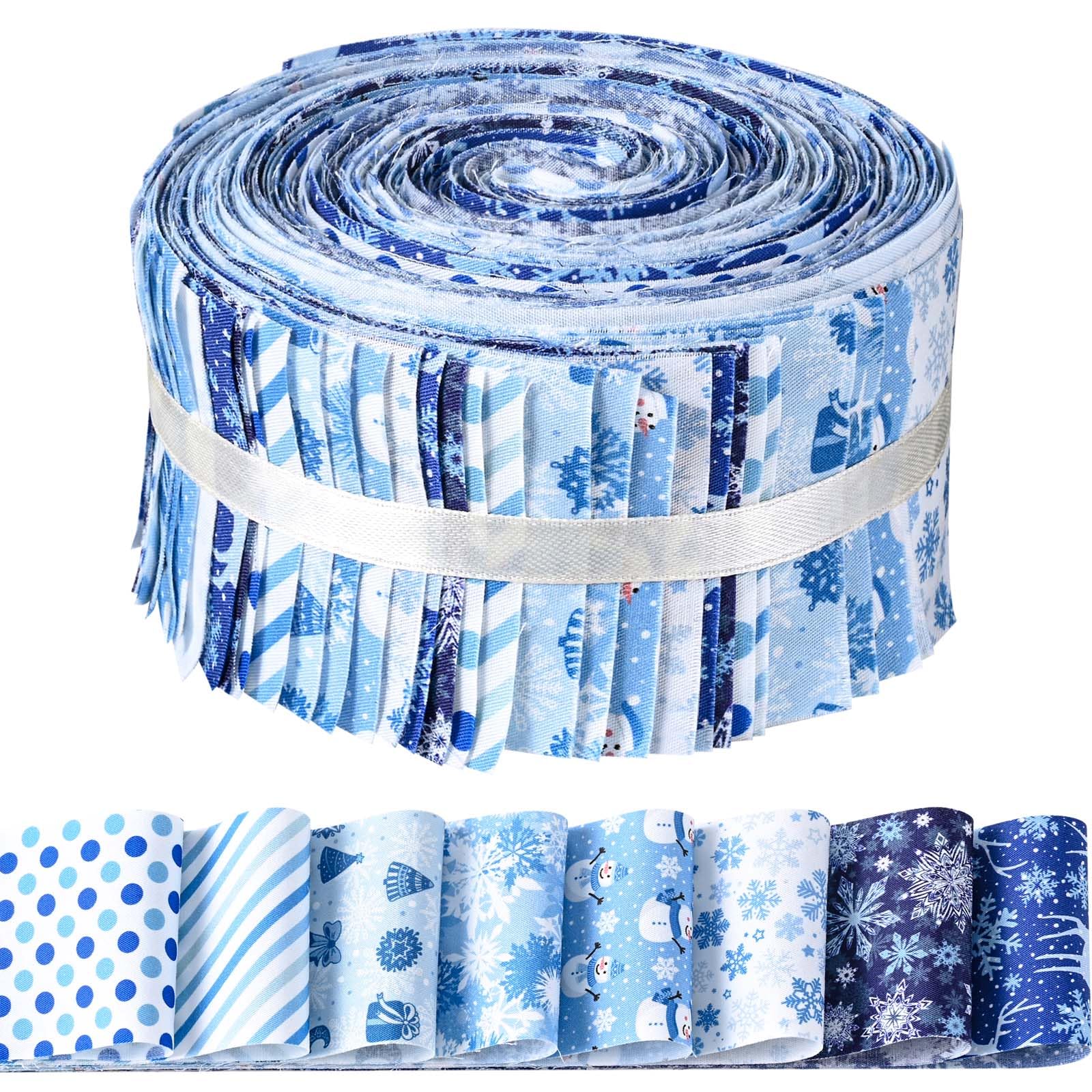 40 Pcs Winter Christmas Snowflakes Cotton Jelly Roll Blue and White Snowflake Reindeer Fabric Strips for Quilting Crafting Snowman Precut Patchwork for Sewing DIY Crafts Cotton Fabric Bundles Strips