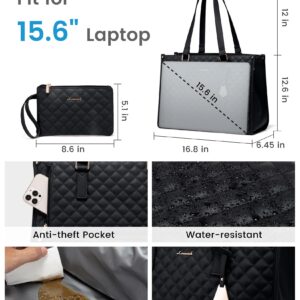 LOVEVOOK Lunch Tote Bag for Women, 15.6 Inch Laptop Bag with Insulated Lunch Compartment, Quilted Large Capacity Computer Handbag with Purse for Business, Work, Nurse, Office, Collage, Casual, Black