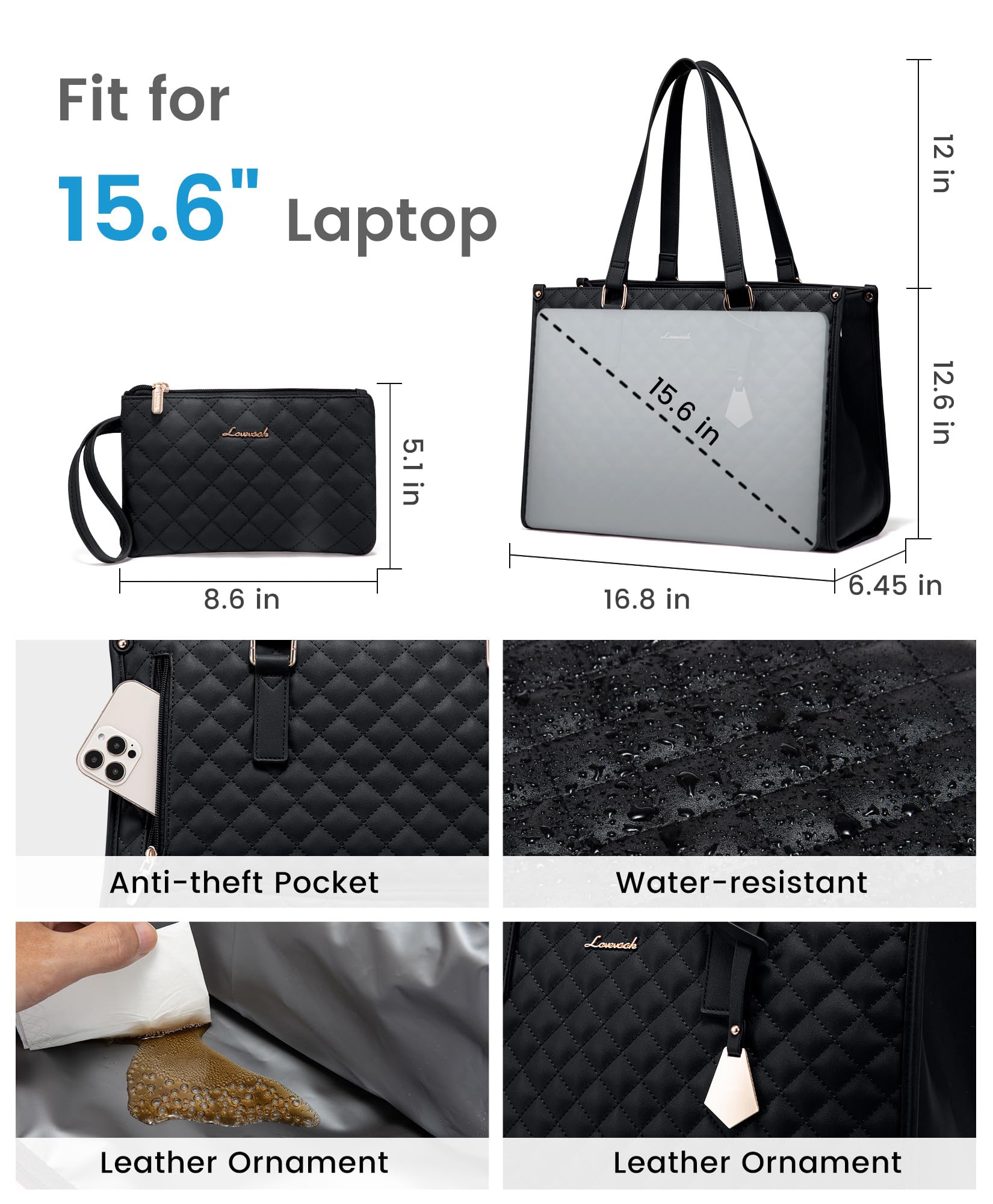 LOVEVOOK Lunch Tote Bag for Women, 15.6 Inch Laptop Bag with Insulated Lunch Compartment, Quilted Large Capacity Computer Handbag with Purse for Business, Work, Nurse, Office, Collage, Casual, Black