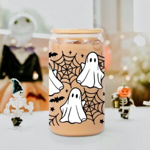 Lovearth 16oz Halloween Ghost Glass Tumbler, Spider Web Halloween Glass Cup with Lid and Straw, Cute Halloween Bats Cup, Spooky Gifts, Boo Basket Stuffers for Women, Gifts for Halloween Lovers