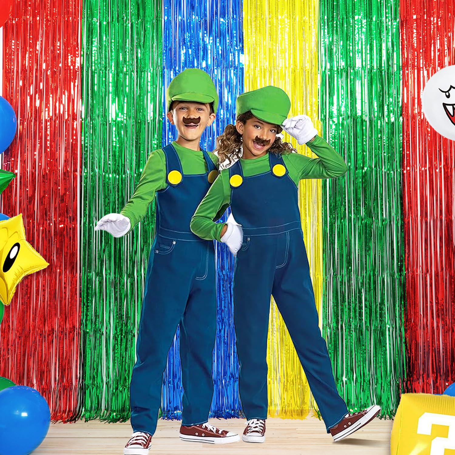 Super Bros Birthday Party Decoration, including 2Pack Red Green Blue Yellow Foil Fringe Curtains, 1pc Mario Themed Birthday Banner & 22pcs Balloons for Video Game Mario Theme Birthday Party Supplies