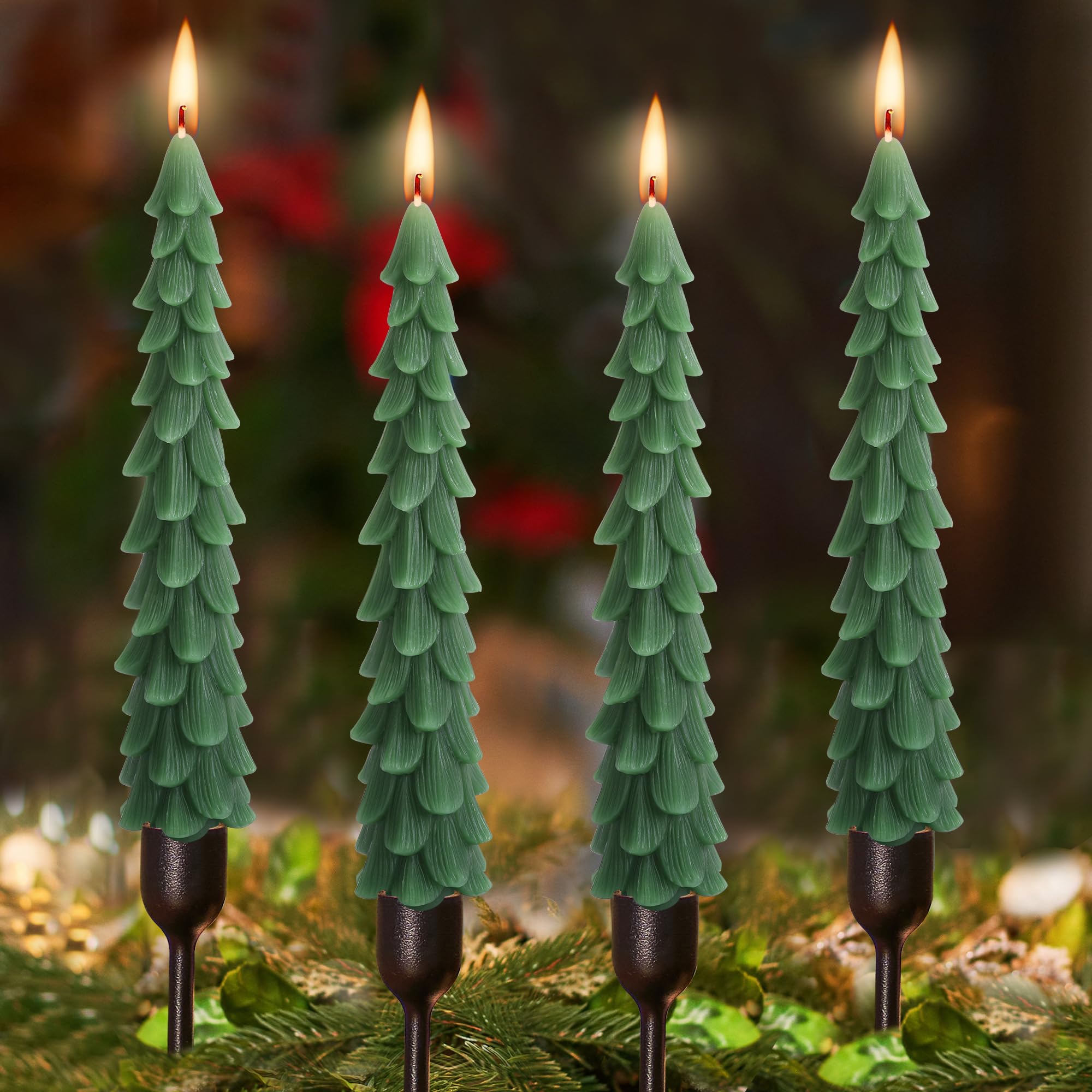 EBaokuup 4 Pcs Christmas Tree Taper Candles-10 Inches Unscented Tree Shaped Taper Candles-Green Christmas Decorative Tree Candles for Home Wedding Decor Holiday Gifts