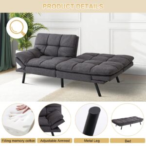 MUUEGM Futon Convertible Sofa Bed, Memory Foam Sleeper Couch,Modern Loveseat for Living Room,Adjustable Armrests Backrest Sofabed, Dark Grey,Fabric.