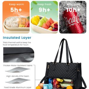 LOVEVOOK Lunch Tote Bag for Women, 15.6 Inch Laptop Bag with Insulated Lunch Compartment, Quilted Large Capacity Computer Handbag with Purse for Business, Work, Nurse, Office, Collage, Casual, Black