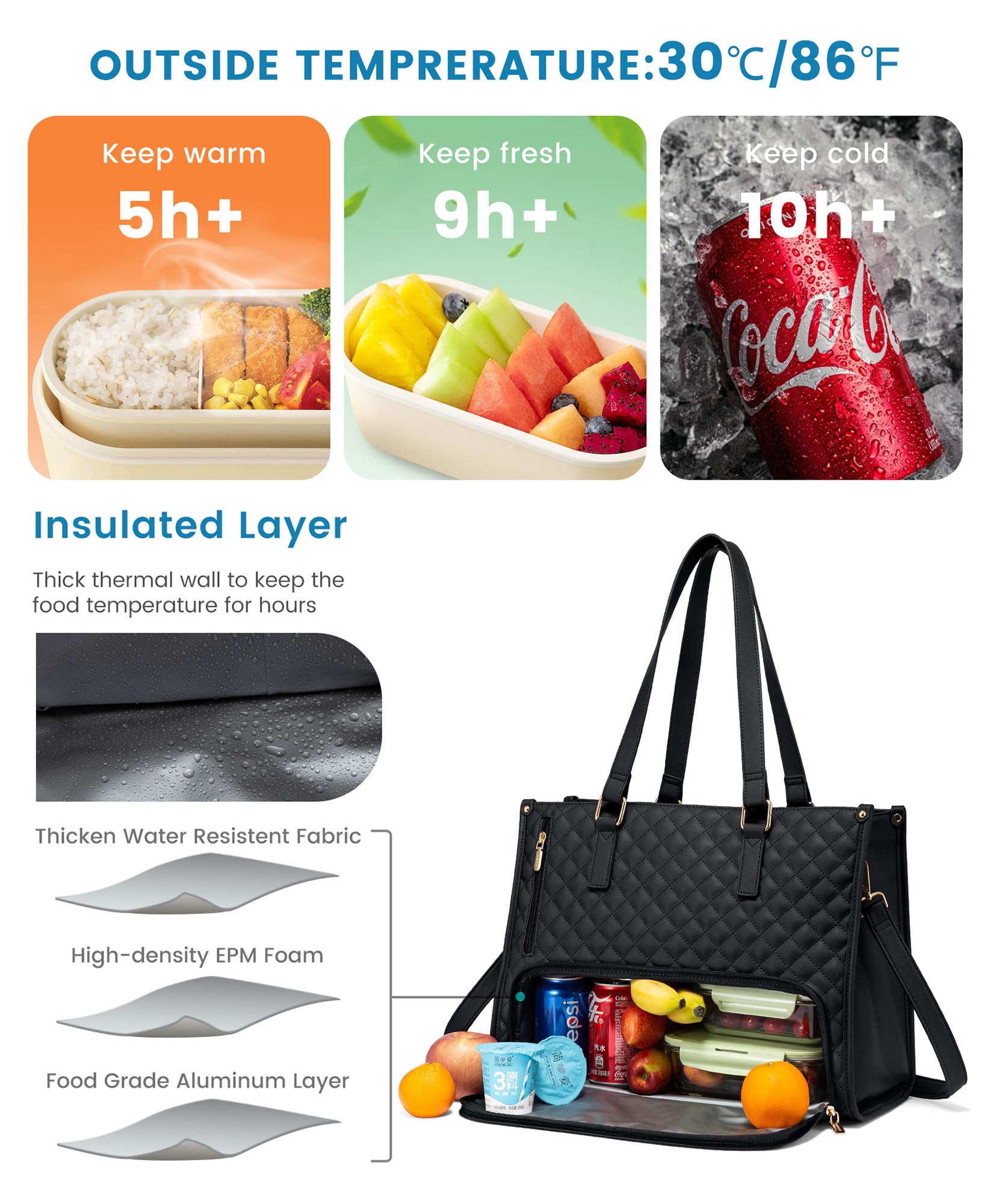 LOVEVOOK Lunch Tote Bag for Women, 15.6 Inch Laptop Bag with Insulated Lunch Compartment, Quilted Large Capacity Computer Handbag with Purse for Business, Work, Nurse, Office, Collage, Casual, Black