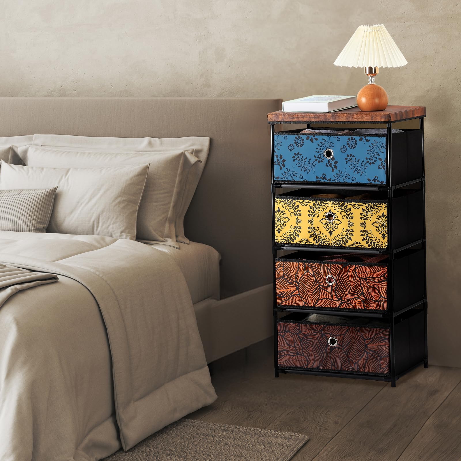 Dresser for Bedroom, 4 Tier Fabric Dresser Tower for Clothes, Drawers Storage with Four Drawers Nightstand with Drawers Retro Cloth Dressers for Bedroom, 16.5 * 12.9 * 33.0in