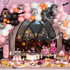 Fiesec Happy Boo Day Party Decorations, Pink Halloween Birthday Supplies for Outdoor Indoor Yard Home Room Girl, Banner Bat Ghost Spider Balloon Tablecloth Cake Topper Tableware Plates Napkins Forks