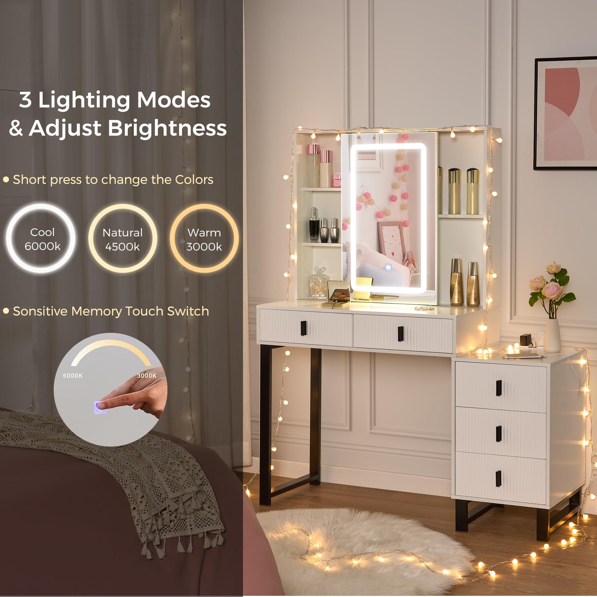 ANWBROAD Makeup Vanity Desk with Mirror and Lights White Vanity with Power Outlet Modern Dressing Table with 3 Lighting Modes Brightness Adjustable Sliding Mirror 5 Drawers Shelves Bedroom UBDT62W