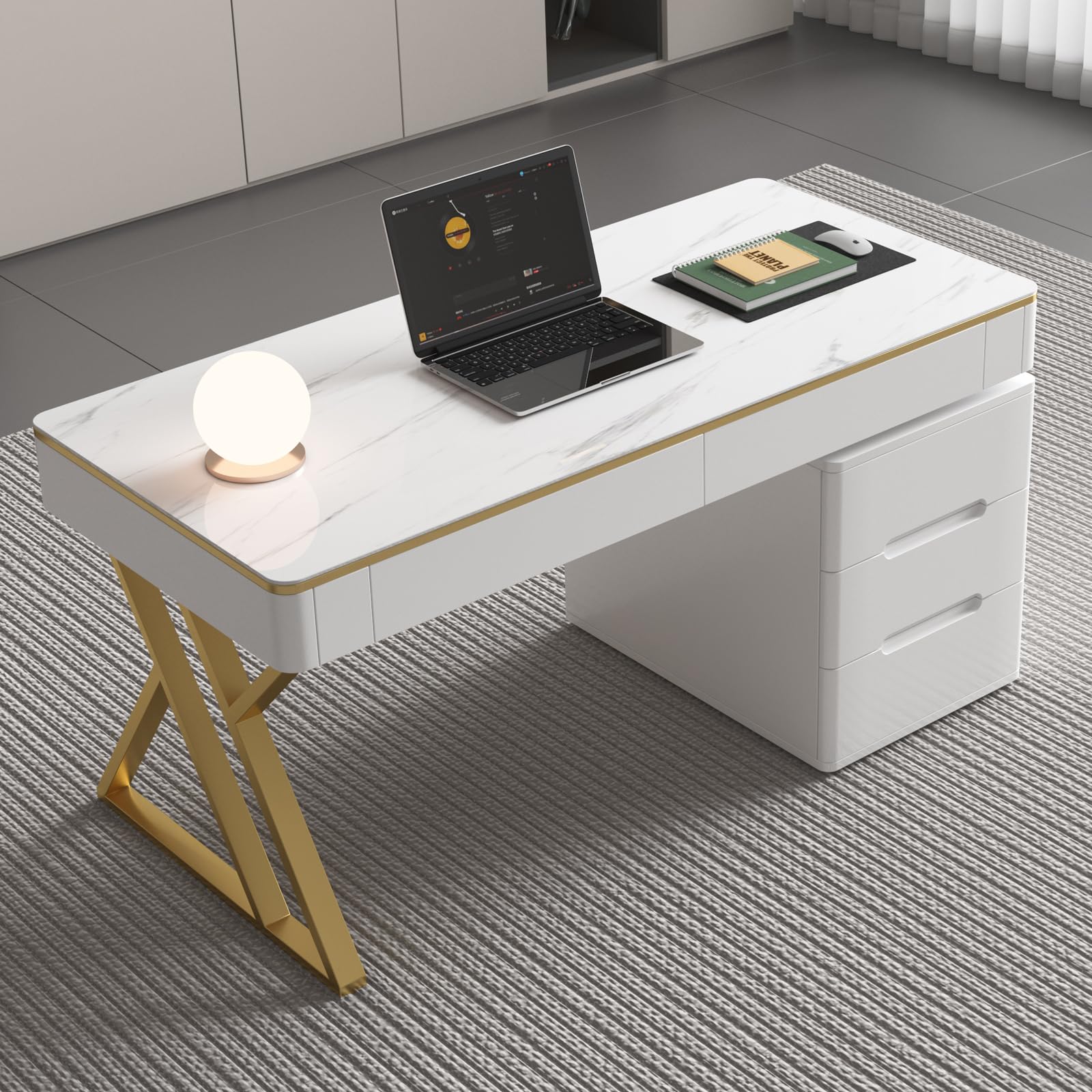 Dongge Wooden Computer Office Desk with Drawers for Home Office - White Gaming Desk with Tempered Glass Top - Thickened Lacquered PC Desk and Writing Desk - Escritorios para Computadoras (Z-105)