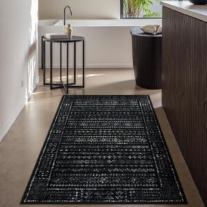 Zealude Boho Washable 3x5 Area Rugs for Kitchen Floor, Black and White Rug Modern Indoor Mats for Entryway Non Slip, Moroccan Geometric Carpet for Entrance Bathroom Living Laundry Room (3 x 5,Black)