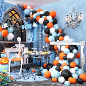 Fiesec Halloween Baby Shower Decorations for Boys Blue Orange Black, A Little Boo Is Almost Due Baby Shower Boy with Balloon Garland Arch Kit Banner Cake Cupcake Topper Ghost Bat Cutout