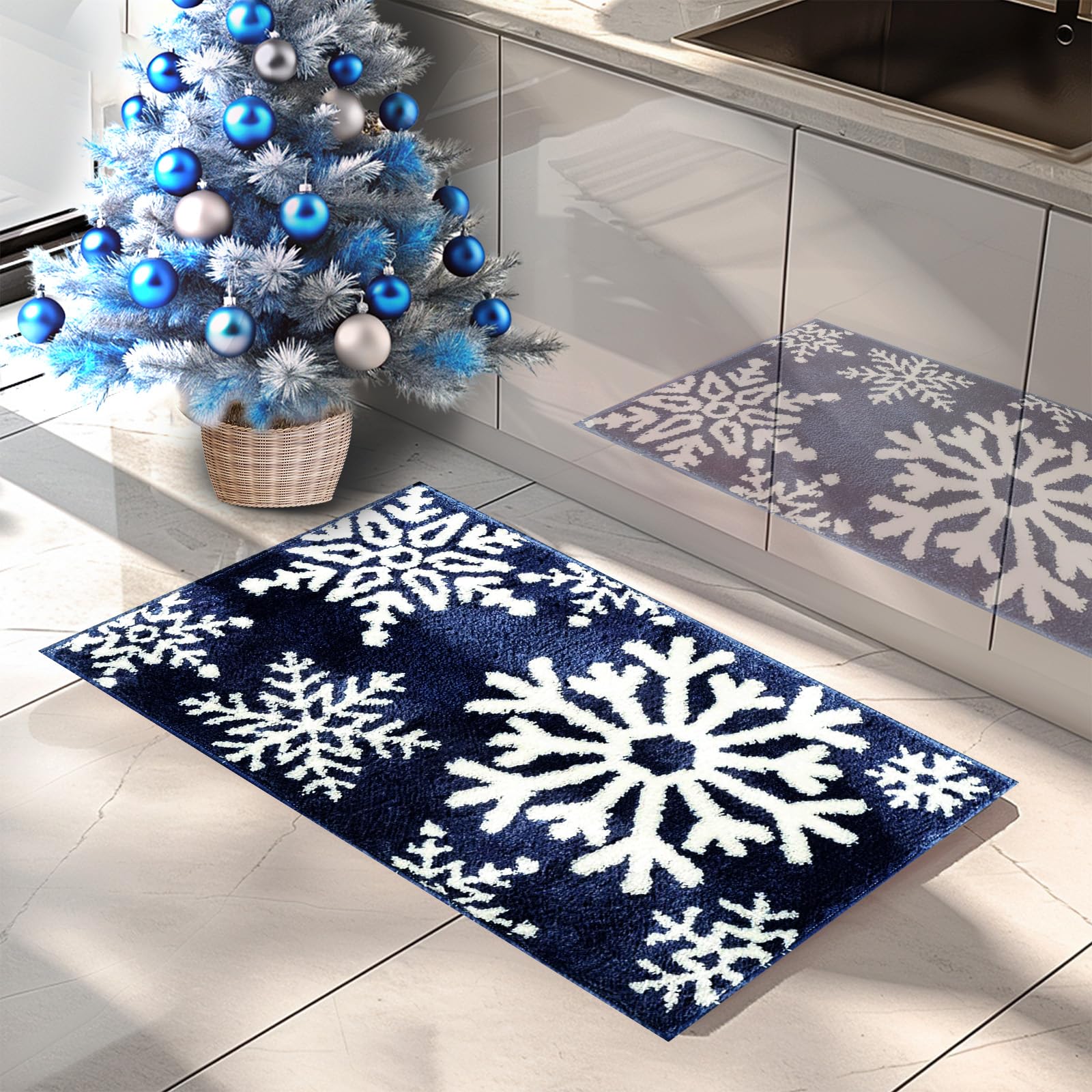 Lindameler Christmas Bathroom Rugs Winter Red Snowflake Christmas Bath Mat for Bathroom Extra Soft Absorbent Washable Non Slip Shower Mat Cute Lovely Christmas Holiday Rugs 20''x32'' (Blue,20''x32'')