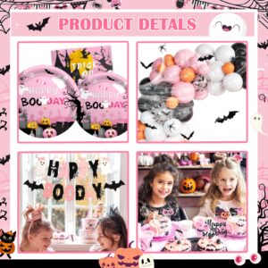 Fiesec Happy Boo Day Party Decorations, Pink Halloween Birthday Supplies for Outdoor Indoor Yard Home Room Girl, Banner Bat Ghost Spider Balloon Tablecloth Cake Topper Tableware Plates Napkins Forks