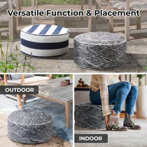 510 Design Inflatable Ottoman Stool Portable Round Pouf, Handle, Inflatable Foot Rest, Weatherproof & Water Repellent Indoor/Outdoor Ottomans for Patio Garden, Camping, Pool, D21 x 9" H, Black/White