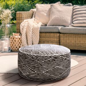 510 design inflatable ottoman stool portable round pouf, handle, inflatable foot rest, weatherproof & water repellent indoor/outdoor ottomans for patio garden, camping, pool, d21 x 9" h, black/white