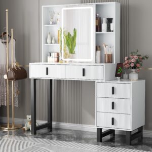 ANWBROAD Makeup Vanity Desk with Mirror and Lights White Vanity with Power Outlet Modern Dressing Table with 3 Lighting Modes Brightness Adjustable Sliding Mirror 5 Drawers Shelves Bedroom UBDT62W