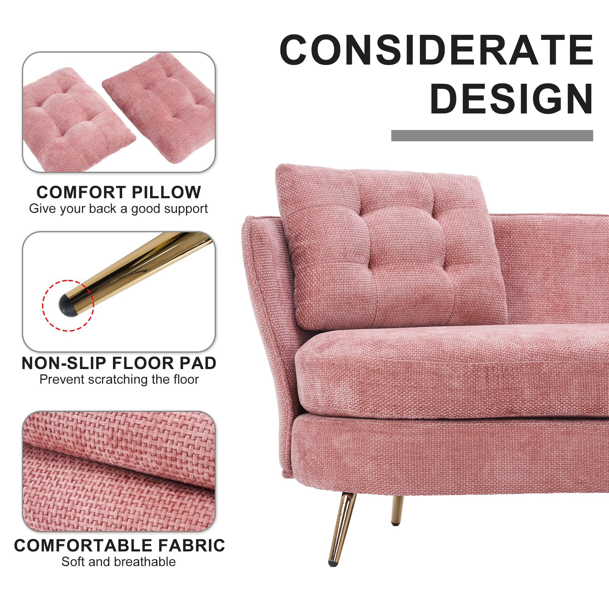 DERCASS Polyester Fiber Loveseat Sofa,Upholstered Couch with Golden Metal Legs Club 2-Seat Sofa for Living Reading Room Bedroom Apartment Small Space Dorm (Pink)