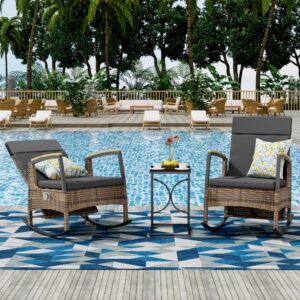 BALDPER 3-Pieces Outdoor Recliner Chair Set, Rattan Wicker Rocking Chair with Adjustable Backrest, Cushions, and C Shaped End Table for Patio Home Backyard Garden, Grey