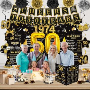 50th Birthday Decorations for Men Women, 18Pcs Include Back in 1974 Banner Decorations, Black Gold 50 Year Old Birthday Backdrop, 1974 Birthday Card, Hanging Swirl, Balloon, Paper Poms,Sash