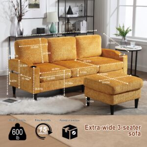 Tongbaiyi 77" Convertible Sectional Sofa Couch, Yellow 3 Seat L Shaped Sectional Couches with Chenille Fabric,Storage Ottoman, Cup Holder and Magazine Bags for Home, Apartment, Dorm, Compact Spaces