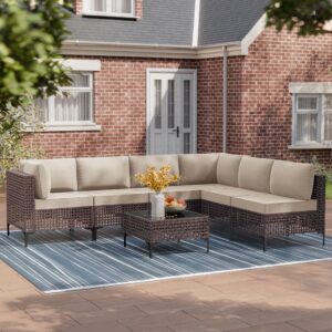 trumbeak 7 pieces patio fuiniture set wicker outdoor sectional sofa,all weather brown pe rattan outdoor conversation set w/thick cushions and glass coffee table,sand