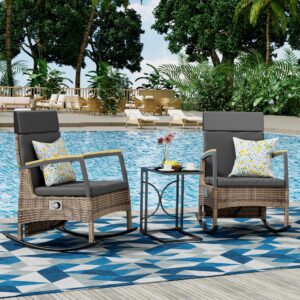 baldper 3-pieces outdoor recliner chair set, rattan wicker rocking chair with adjustable backrest, cushions, and c shaped end table for patio home backyard garden, grey