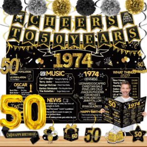 50th birthday decorations for men women, 18pcs include back in 1974 banner decorations, black gold 50 year old birthday backdrop, 1974 birthday card, hanging swirl, balloon, paper poms,sash