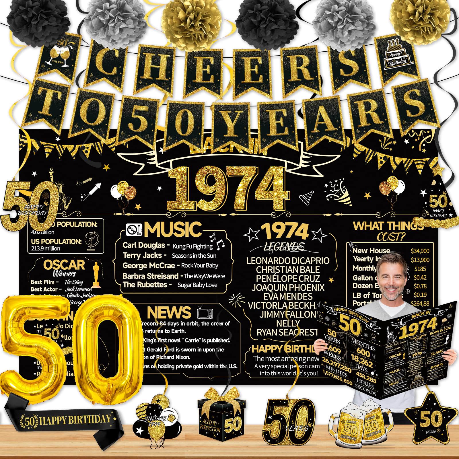 50th Birthday Decorations for Men Women, 18Pcs Include Back in 1974 Banner Decorations, Black Gold 50 Year Old Birthday Backdrop, 1974 Birthday Card, Hanging Swirl, Balloon, Paper Poms,Sash